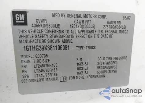 2008 GMC Savana Work Van z USA, uszkodzony, nr VIN 1GTHG39K381106081